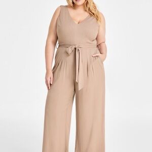 Tan Linen Sleeveless Jumpsuit